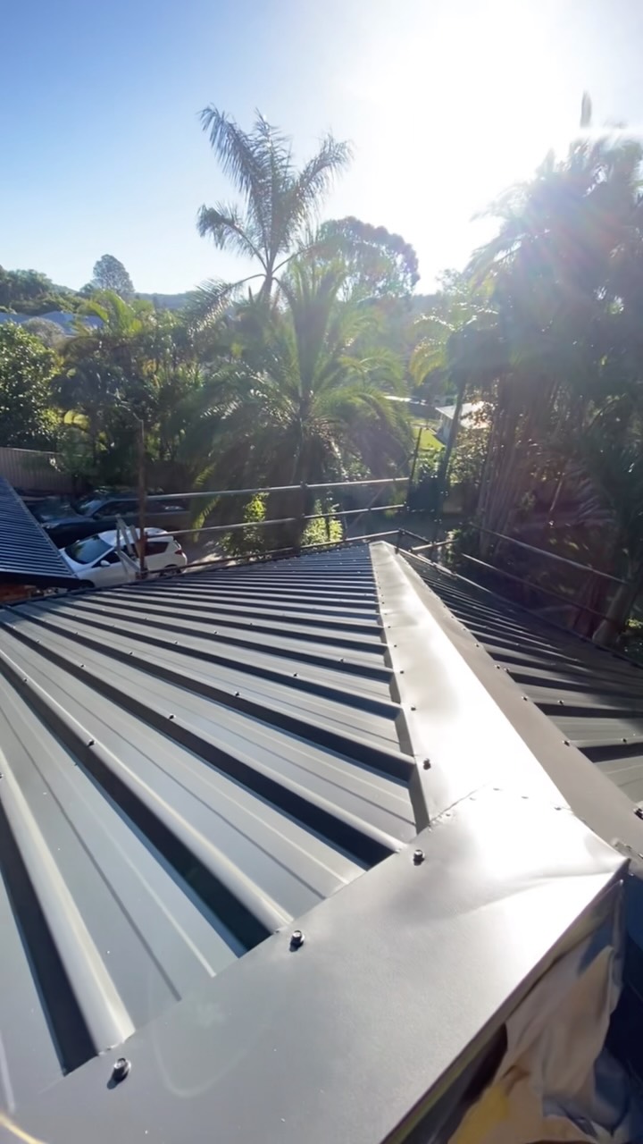 A freshly painted dark metal roof with palm trees behind